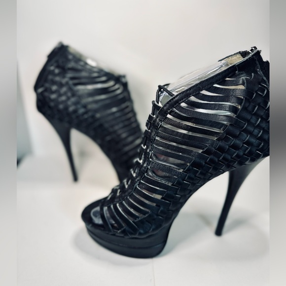 Mea Shadow Heels Gladiator Stiletto Platform BLACK Woven Leather SZ 6 - Picture 3 of 16